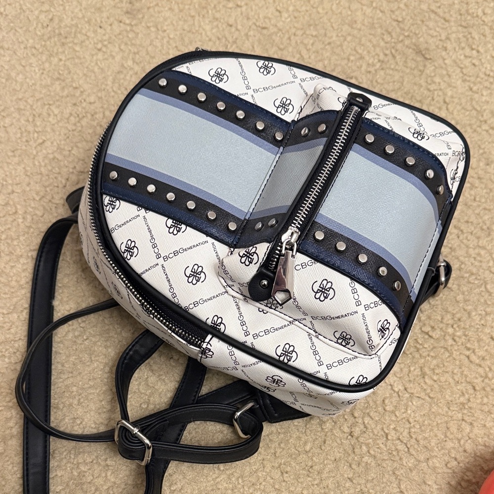 BCBGMaxAzria Monogrammed White and Black and blue Backpack